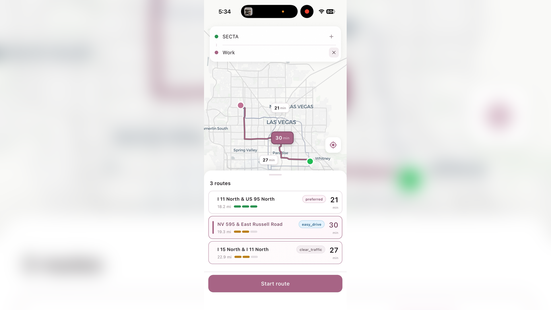 Detour app showing route options in Las Vegas