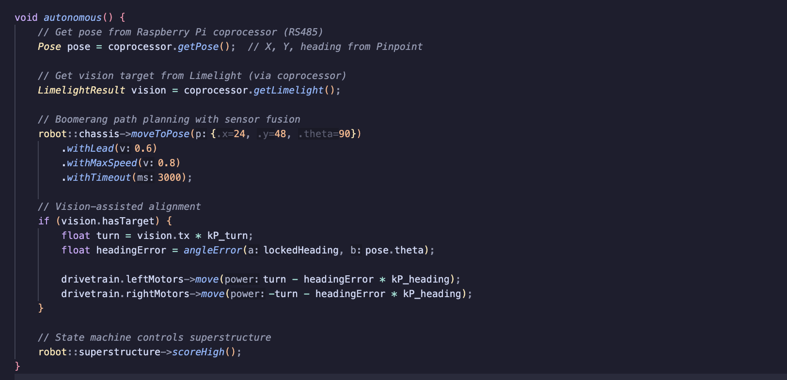 Robot code showing full stack integration