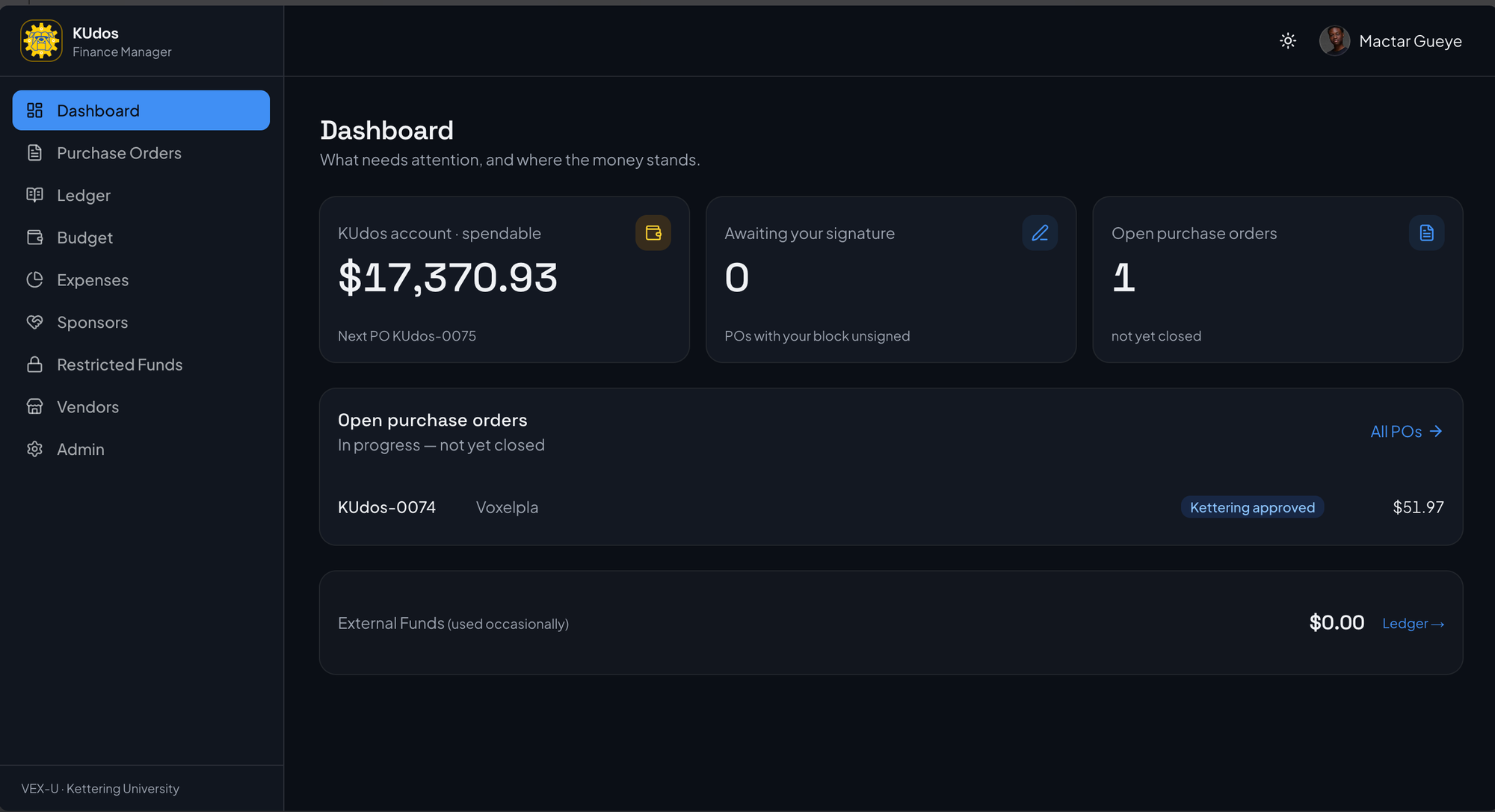 KUdos Finance Manager dashboard